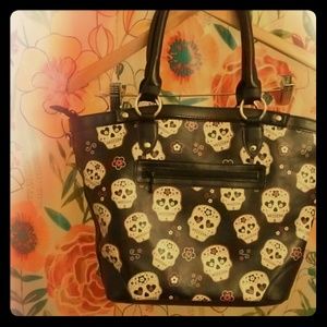 Skull purse bag tote with flowers faux leather